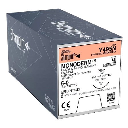 Suture with Needle Monoderm™ Absorbable Uncoated Undyed Suture Monofilament Polyglycolic Acid Suture Size 5 - 0 18 Inch Suture 1-Needle 19 mm Length 3/8 Circle Precision Reverse Cutting Needle by Angiotech - Look Division - Surgical Specialties Corp.  ID 